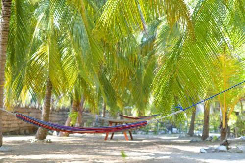a hammock tied to two palm trees on a beach at De Silva Palm Resort in Kalpitiya