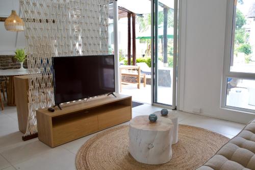 a living room with a pool table and a tv at Blue Bird in Pereybere