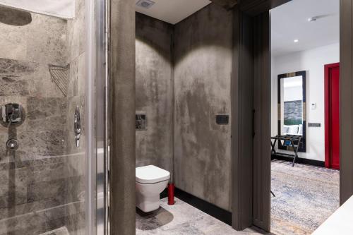a bathroom with a toilet and a walk in shower at Nabu Hotel Karaköy in Istanbul