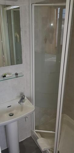 a bathroom with a shower and a sink and a mirror at Milka's in Oxford