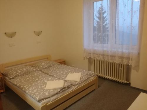 ein kleines Schlafzimmer mit einem Bett und einem Fenster in der Unterkunft Hotel - penzion M&M in Jáchymov