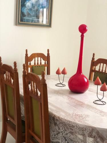 a table with a red vase on top of it at Casa Verde na Chapada Diamantina in Palmeiras