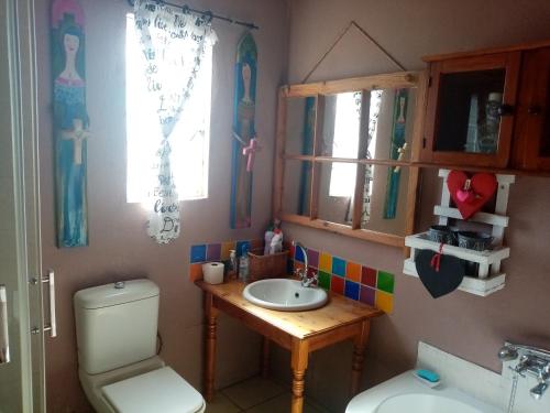 ein Badezimmer mit Waschbecken und Toilette und einem Fenster in der Unterkunft Oornagkamers@Hillstraat10 in Douglas