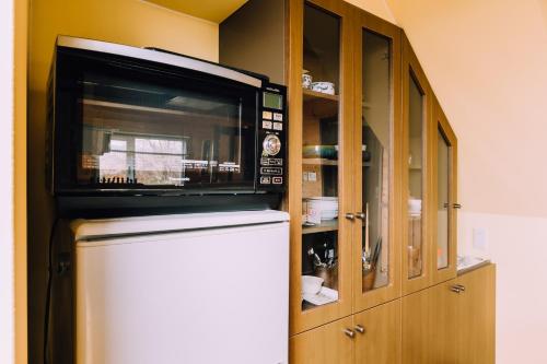a microwave sitting on top of a refrigerator in a kitchen at LAKE TOYA Great view log cabin in Lake Toya