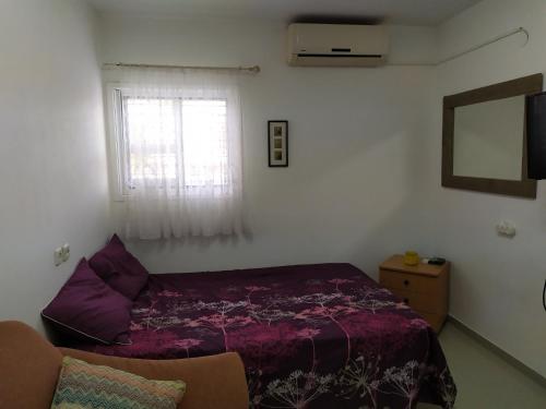 een slaapkamer met een paars bed en een raam bij Nelly's Housing Unit in Eilat