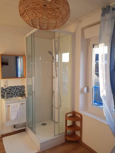 胡伊的住宿－Iliade，带淋浴的浴室和玻璃墙