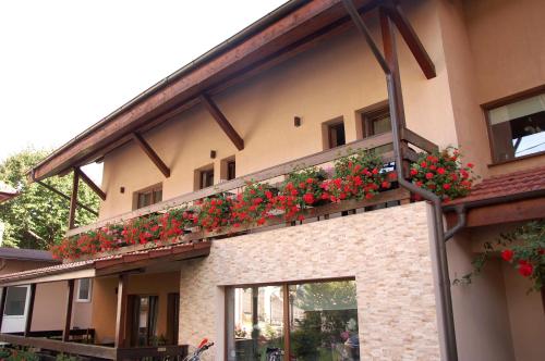 um edifício com caixas de flores ao lado em Vila Andrei em Băile Olăneşti