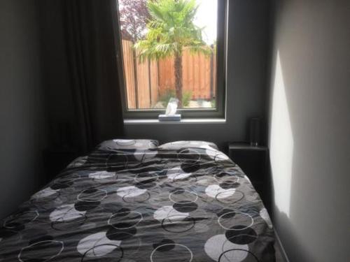 1 dormitorio con cama y ventana en Holiday cottage with sauna in Zeeland, en Stavenisse