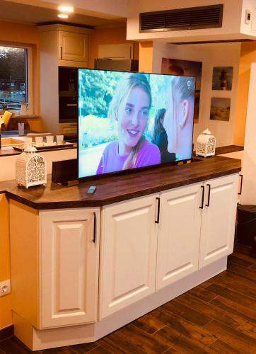 a flat screen tv on top of a kitchen counter at Hausboot Elandi in Bitterfeld