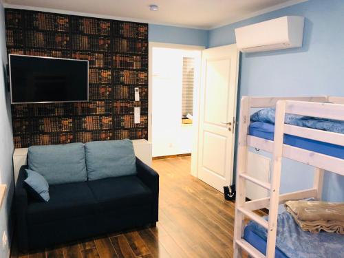 a room with a bunk bed and a couch and a tv at Hausboot Elandi in Bitterfeld