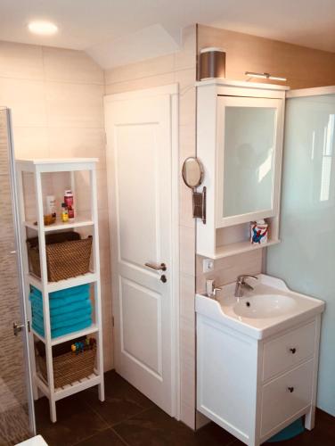 a bathroom with a sink and a mirror at Hausboot Elandi in Bitterfeld