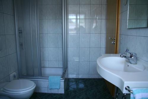 a bathroom with a toilet and a sink and a shower at Hotel Zur Krone in Beilngries