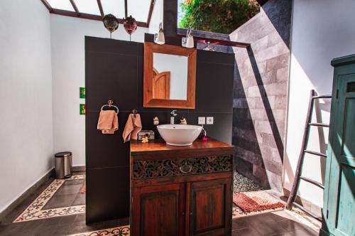 een badkamer met een wastafel en een spiegel bij Villa Bukit Malas 2 in Amed