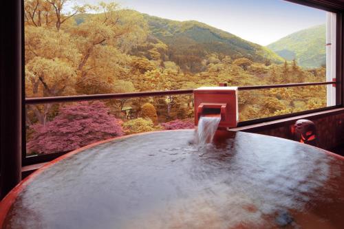a view of a waterfall in a room with a window at Kansyokan in Mogami