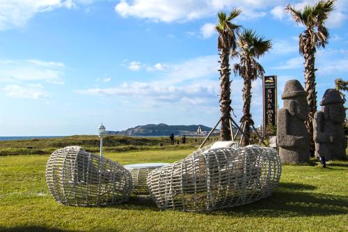 a pair of surfboards sitting on top of a lush green field at Sun and Moon Resort in Seogwipo