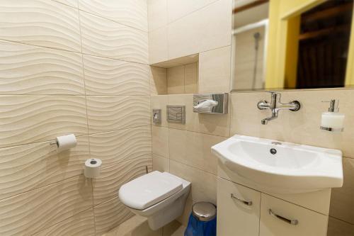 a small bathroom with a sink and a toilet at Penzión Restart House - Spiššská Sobota in Poprad