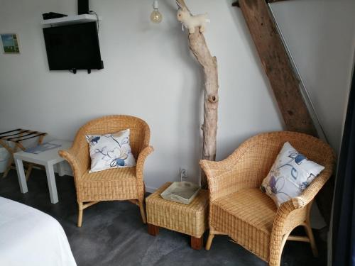 a room with two chairs and a tv and a tree at Altenburgpleats in Hempens