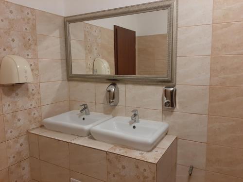 uma casa de banho com 2 lavatórios e um espelho em Hotel Condor em Oraviţa