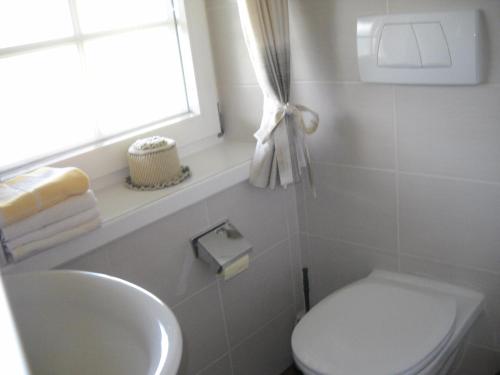 a bathroom with a toilet and a sink and a window at Gästehaus Maria in Kartitsch