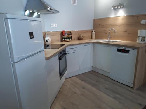 une cuisine avec un réfrigérateur blanc et un évier dans l'établissement Panoramic, à Chamrousse