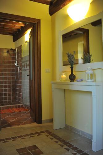 a bathroom with a shower with a sink and a mirror at Agriturismo Paradiso 44 in Assisi