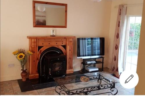 een woonkamer met een open haard en een televisie bij Mullaghbeag Lodge in Navan