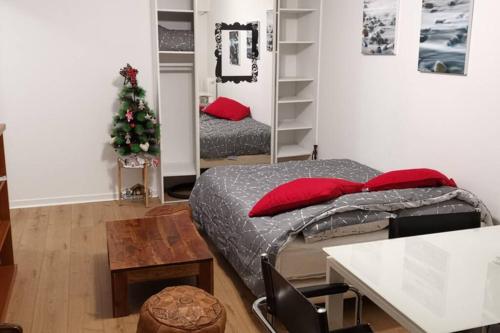 - une chambre avec un lit et un arbre de Noël dans l'établissement studio centre nice proche de mer, à Nice