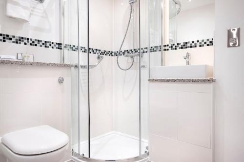 ein Bad mit einer Dusche, einem WC und einem Waschbecken in der Unterkunft Kyle Hotel ‘A Bespoke Hotel’ in Kyle of Lochalsh