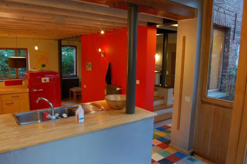 een keuken met een wastafel en een rode muur bij Vakantiehuis Lazy house in Geraardsbergen