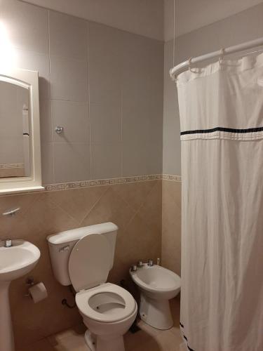 łazienka z toaletą i umywalką w obiekcie Residencial Sol del Champaqui w mieście Mina Clavero