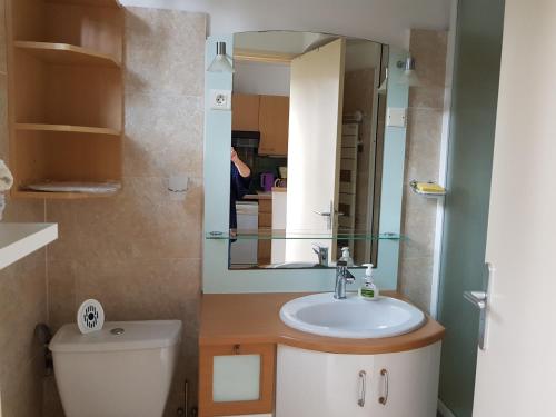 une salle de bain avec un lavabo, des toilettes et un miroir dans l'établissement Résidence Le Clos D'Azur, à Fréjus