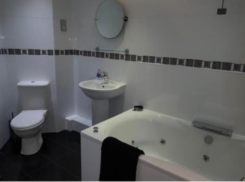 a bathroom with a toilet and a tub and a sink at Beachview Apartment in Edinburgh
