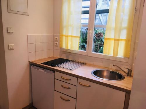 une petite cuisine avec un évier et une fenêtre dans l'établissement studio EMILY, à Cannes