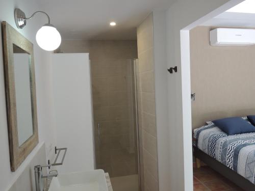 a bathroom with a shower and a sink and a bed at Finca Mirador in Macastre
