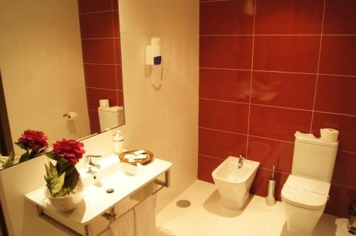 a bathroom with a toilet and a sink and a mirror at Placido Hotel Douro - Tabuaco in Tabuaço