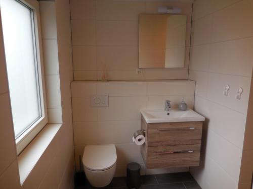 een badkamer met een toilet, een wastafel en een raam bij Vakantiewoning 't Steechje in Hollum