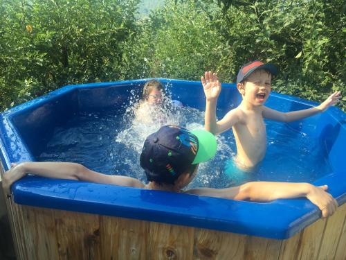 two young boys playing in a swimming pool at Pensiunea Drumul Plutasilor in Alexandru cel Bun