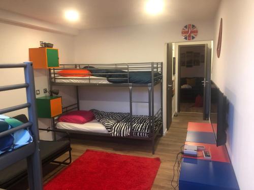 Cette chambre comprend 2 lits superposés et un tapis rouge. dans l'établissement The Family industry, à Colmar