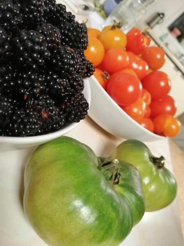 a table topped with bowls of fruits and vegetables at Coral Gables Guesthouse & Campsite in Rosslare