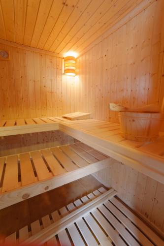 a sauna with wooden shelves and a light in it at Penzion Červená voda -penzion s dotekem dálek in Červená Voda
