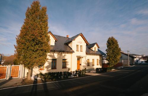 a white house on the side of a street at Penzion Červená voda -penzion s dotekem dálek in Červená Voda