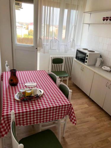 a kitchen with a table with a red and white checkered table cloth at Sunshine apartment in Pančevo
