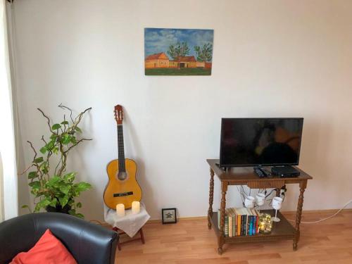 a living room with a guitar and a table with a television at Sunshine apartment in Pančevo