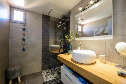 ein Bad mit einem Waschbecken und einem Spiegel in der Unterkunft A 2 pas de la Mer in Sausset-les-Pins