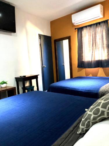 a hotel room with two beds and a television at Posada " El Jardín" in Xilitla