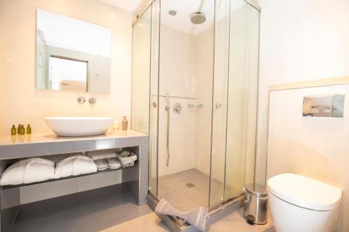 a bathroom with a shower and a toilet and a sink at Santorini View Studios - Firostefani Caldera in Firostefani