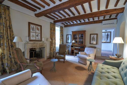 a living room with a couch and a fireplace at Castello di Fighine in San Casciano dei Bagni