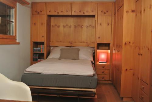 ein Schlafzimmer mit einem Bett in einem Holzschrank in der Unterkunft Chalet Studio - Top Ausstattung - beste Lage Davos in Davos