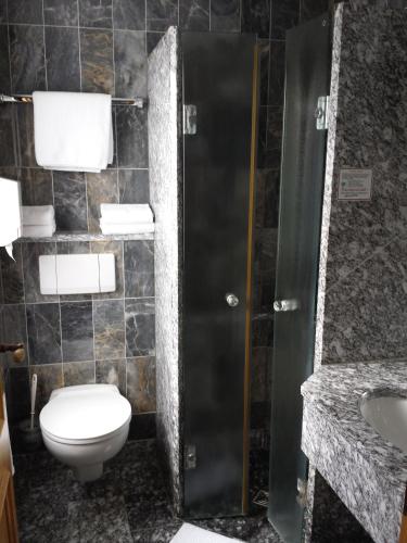 a bathroom with a toilet and a sink at Flair Hotel Dobrachtal in Kulmbach