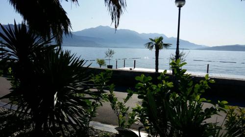 a view of the ocean from a resort with palm trees at Barka B'n'B - Elegant Seaview Rooms in Herceg-Novi